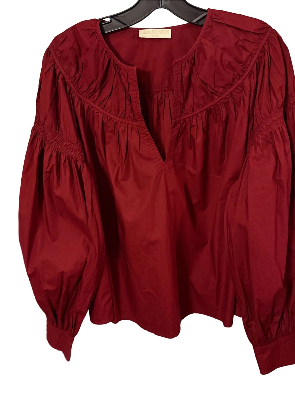 Ulla Johnson “Ora” Blouse Bordeaux Bishop Sleeve Split V-Neck Sz 8 NWOT